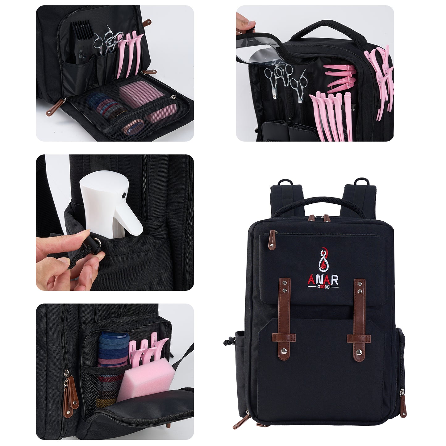 ANAR Barber (Hairstylist) Tools Backpack | Large Capacity | Leather & Polyester | Holds Hair Dryer & Curling Iron | PC Compartment | Travel-Friendly | Clean Packing | Pack of 1