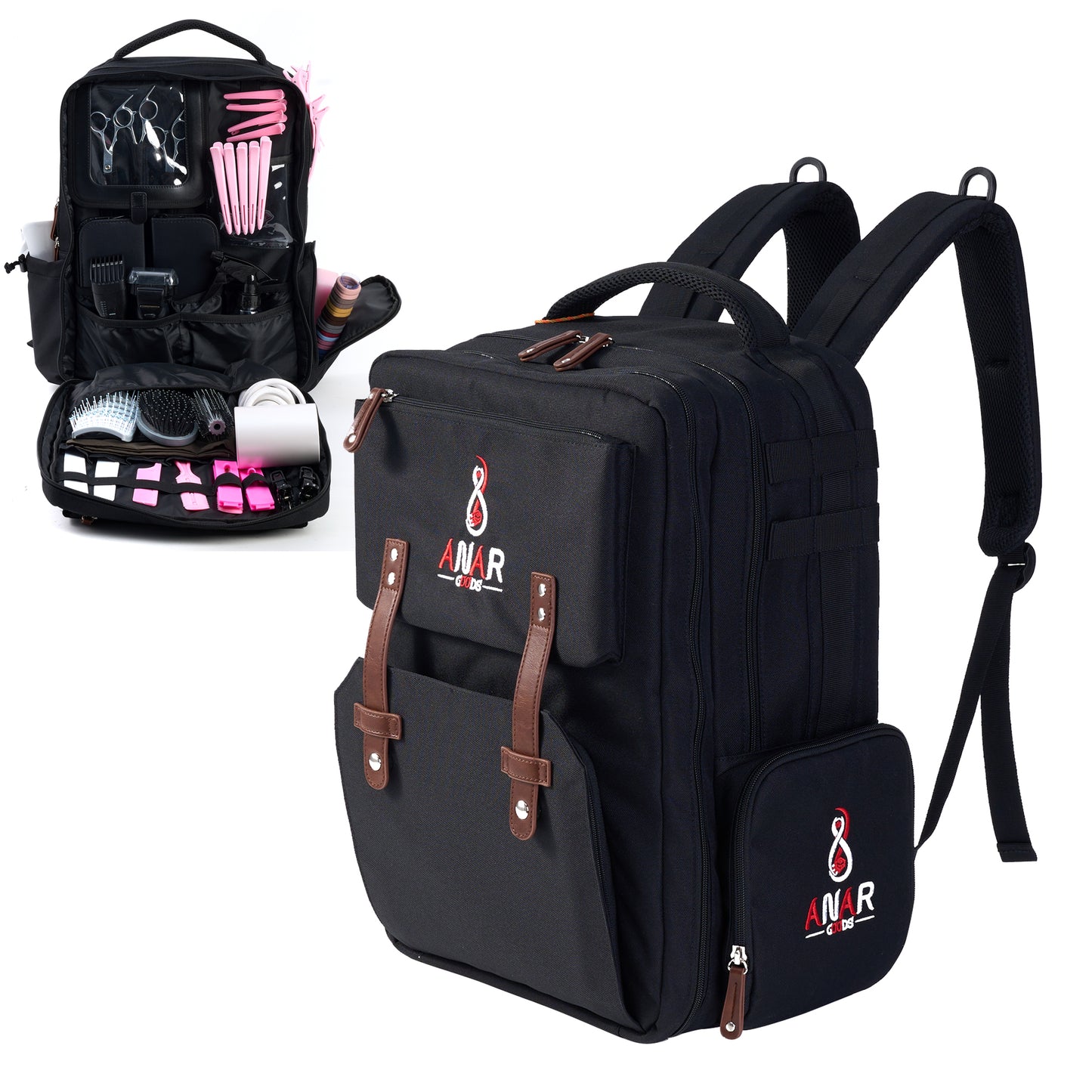 ANAR Barber (Hairstylist) Tools Backpack | Large Capacity | Leather & Polyester | Holds Hair Dryer & Curling Iron | PC Compartment | Travel-Friendly | Clean Packing | Pack of 1