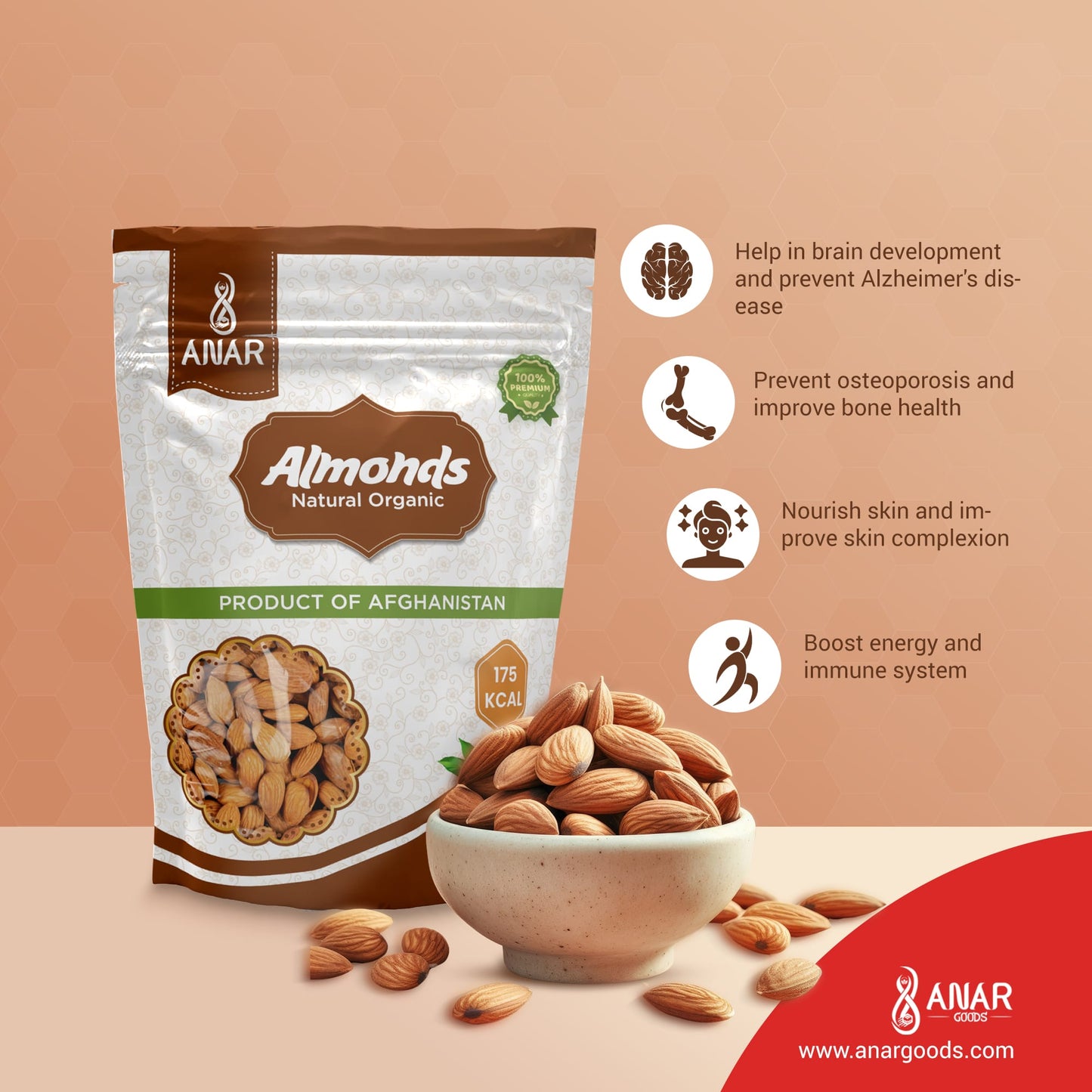 ANAR Almonds | Whole Organic Raw Snacks | 16oz (454g) bag | Non-GMO | Naturally Grown in Afghanistan | Pack of 1 | Resealable bag