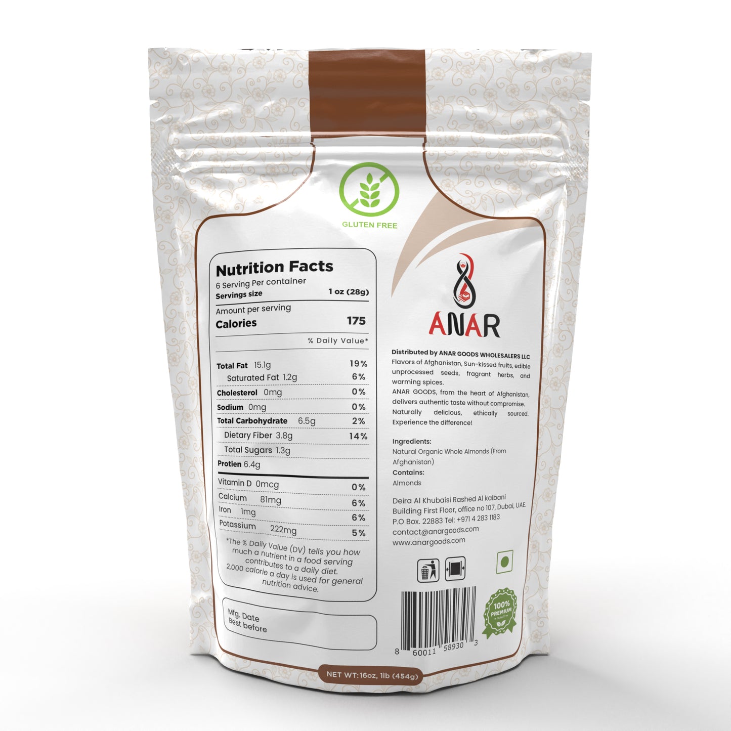 ANAR Almonds | Whole Organic Raw Snacks | 16oz (454g) bag | Non-GMO | Naturally Grown in Afghanistan | Pack of 1 | Resealable bag