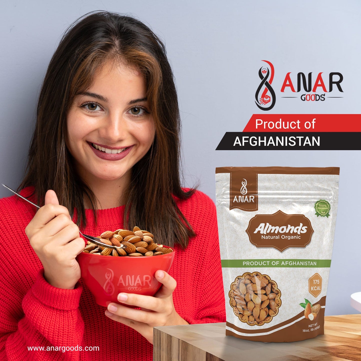 ANAR Almonds | Whole Organic Raw Snacks | 16oz (454g) bag | Non-GMO | Naturally Grown in Afghanistan | Pack of 1 | Resealable bag