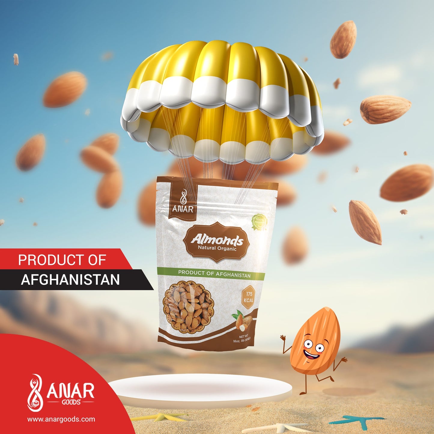 ANAR Almonds | Whole Organic Raw Snacks | 16oz (454g) bag | Non-GMO | Naturally Grown in Afghanistan | Pack of 1 | Resealable bag