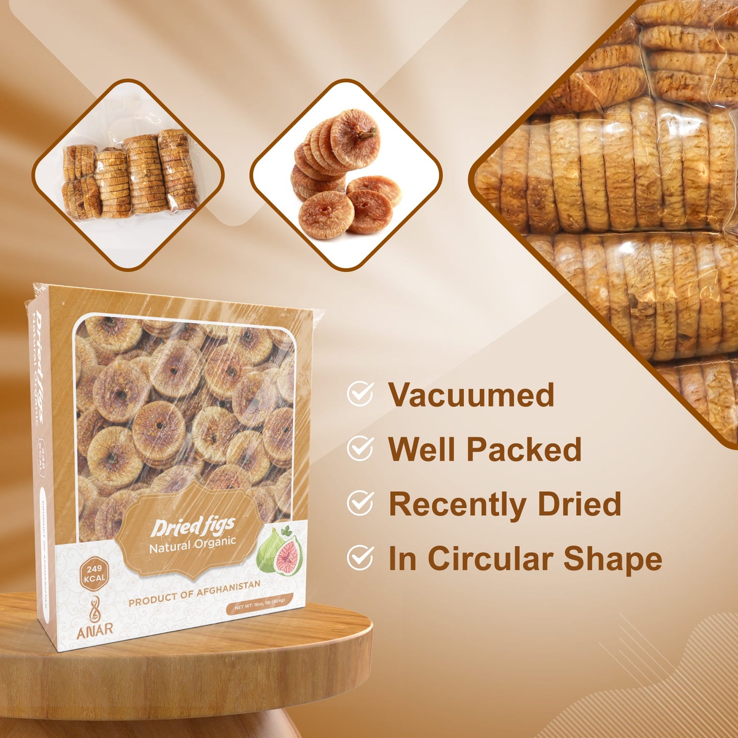 ANAR Dried Figs 16oz (454g) | No Added Sugar | Premium Afghani Anjeer | Vacuumed Packed | Organic, Pure & Natural | Whole Circular & Sweet | Best for Snacking, Mixing, Cookies, Oatmeal, Milk & More | From Afghanistan | Pack of 1