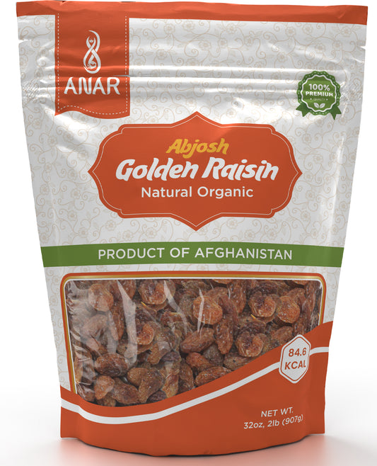 ANAR Abjosh 32oz (907g) | Golden Raisin/Munnaka | آبجوشي | Organic, Pure & Natural | Sweet & Unsulfured | No Additives | Best For Snacking, Mixing, Cooking, Oatmeal, & More | Resealable Stand-Alone Bag | From Afghanistan | Pack off 1