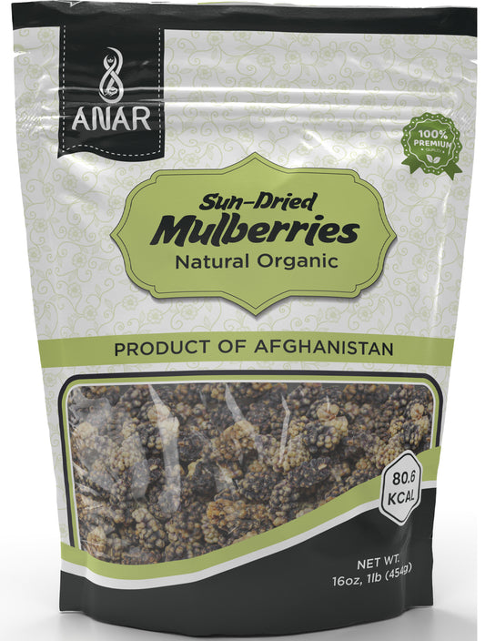 ANAR Dried Mulberries 16oz (454g) | Toot (توت) | Organic, Pure & Natural | Whole & Sweet | Clean & Preservative Free | Best For Snacking, Mixing, Oatmeal & More | Resealable Stand-Alone Bag | From Afghanistan | Pack of 1