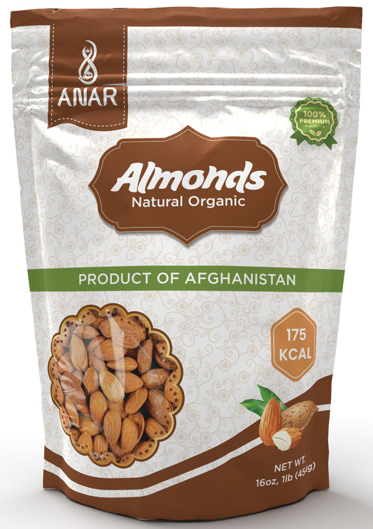 ANAR Almonds | Whole Organic Raw Snacks | 16oz (454g) bag | Non-GMO | Naturally Grown in Afghanistan | Pack of 1 | Resealable bag