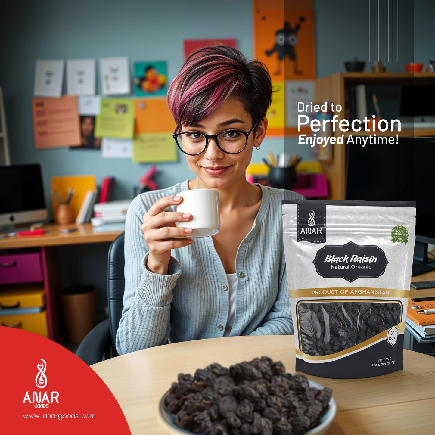 ANAR Black Raisin 32oz (907g) | Kishmish کشمش سياه | Seedless | Organic, Pure & Natural | Sweet & Unsulfured | Best for Cooking, Snacking, Oatmeal, Cookies, Baking & More | Resealable Stand-Alone Bag | From Afghanistan | Pack of 1