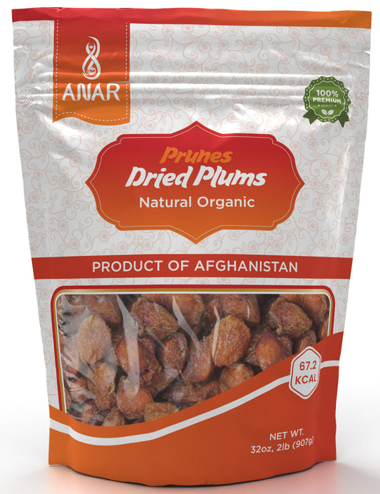 ANAR Prunes (Dried plums) 32oz (907g) | Organic, Pure & Natural | Additives Free | Sweet & Juicy | Best For Everyday Use, Cooking, Mixing & More | Vacuumed Packed | Resealable Stand-Alone Bag | From Afghanistan | Pack of 1