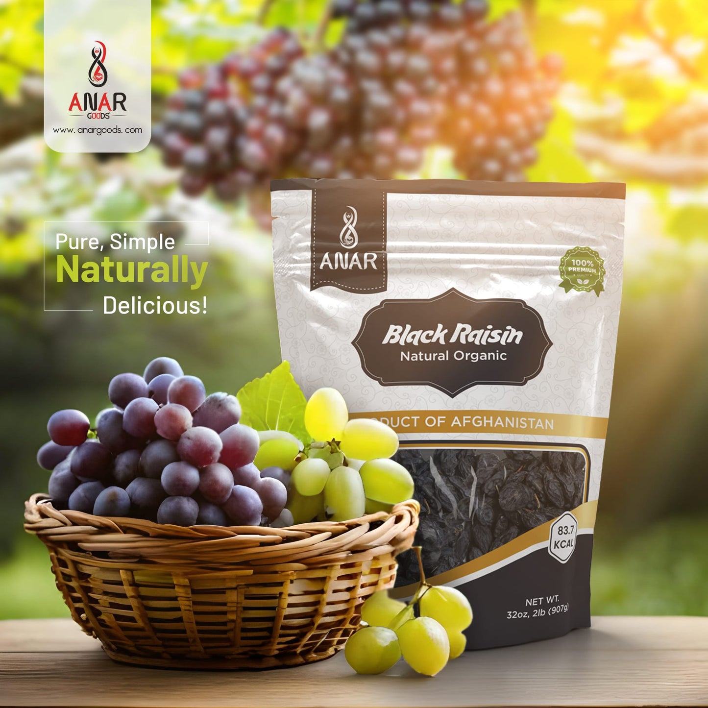 ANAR Black Raisin 32oz (907g) | Kishmish کشمش سياه | Seedless | Organic, Pure & Natural | Sweet & Unsulfured | Best for Cooking, Snacking, Oatmeal, Cookies, Baking & More | Resealable Stand-Alone Bag | From Afghanistan | Pack of 1