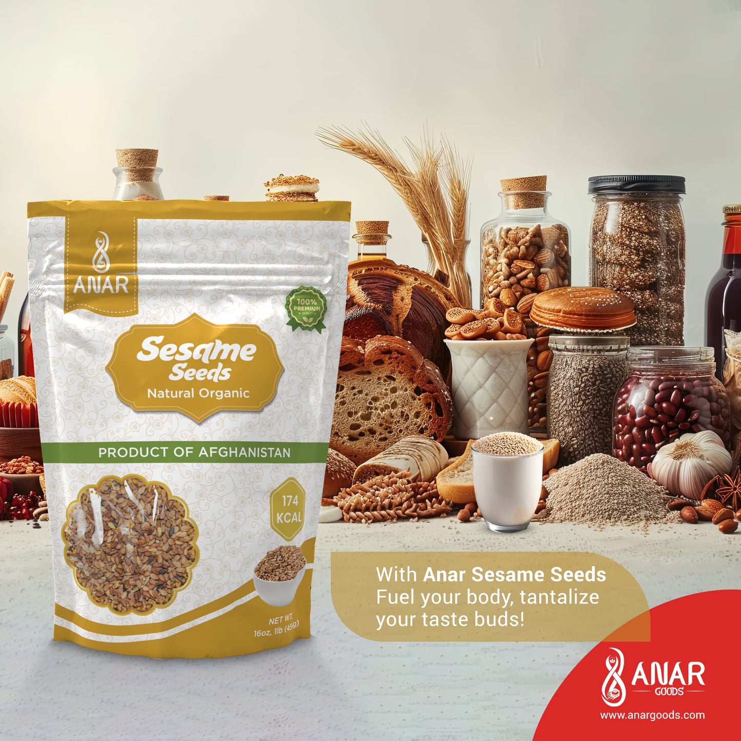 ANAR Sesame Seeds | Premium 16oz (454g) bag | Brown Raw Sesame Seeds for Everyday Use | Best for baking cookies, mix in milk, sprinkle on salad | Rich & Nutritious | Naturally Grown in Afghanistan | Pack of 1 | Resealable bag