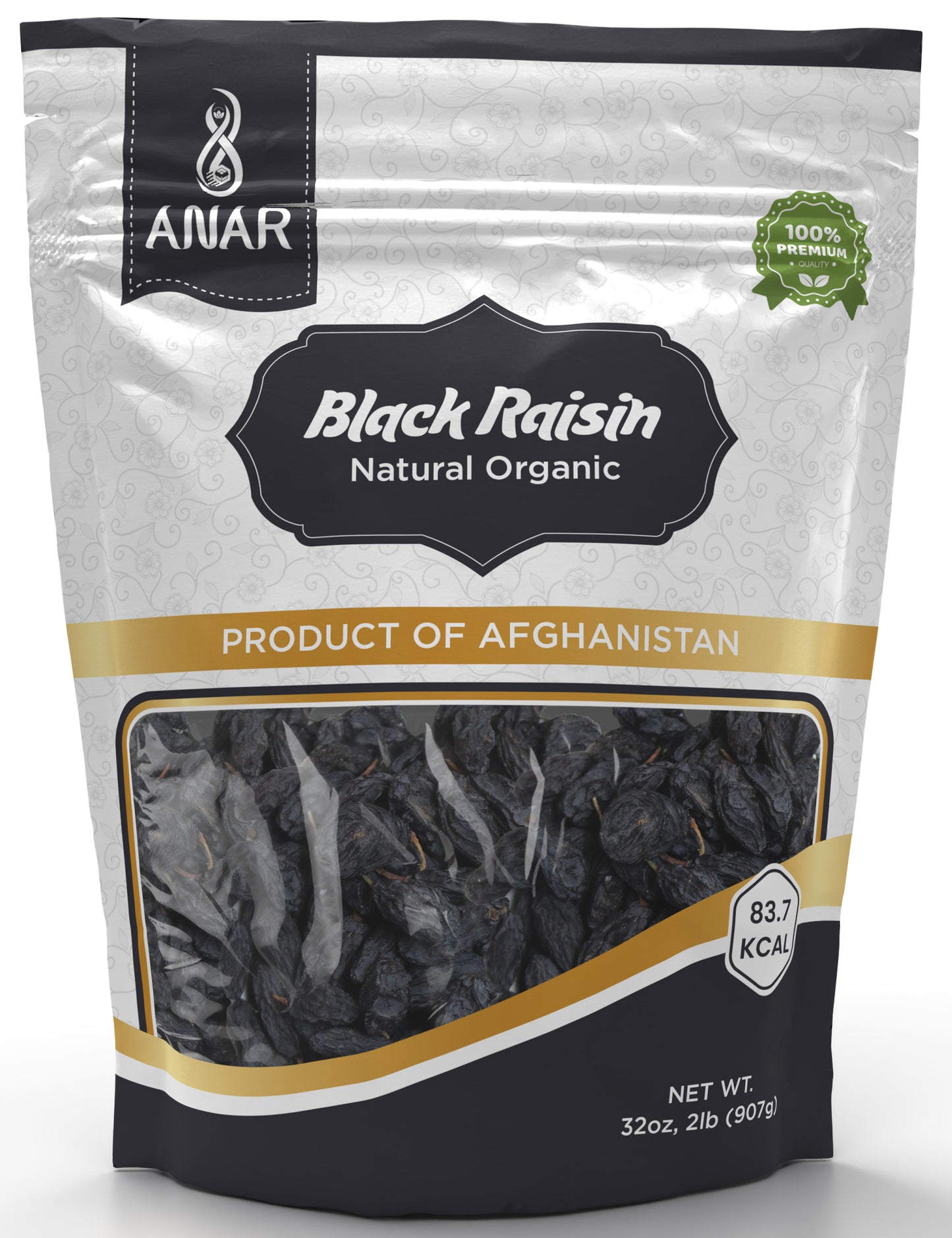 ANAR Black Raisin 32oz (907g) | Kishmish کشمش سياه | Seedless | Organic, Pure & Natural | Sweet & Unsulfured | Best for Cooking, Snacking, Oatmeal, Cookies, Baking & More | Resealable Stand-Alone Bag | From Afghanistan | Pack of 1