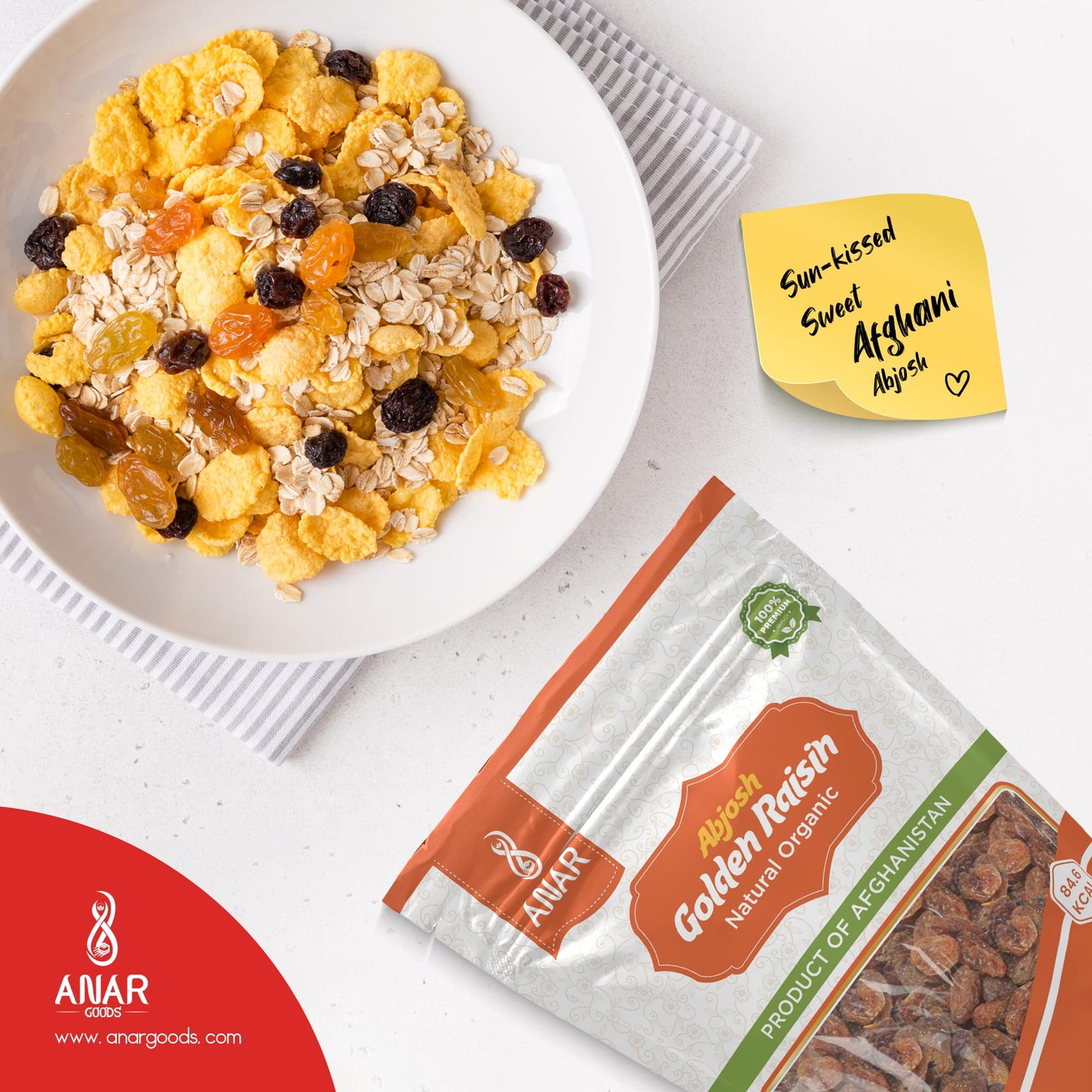 ANAR Abjosh 32oz (907g) | Golden Raisin/Munnaka | آبجوشي | Organic, Pure & Natural | Sweet & Unsulfured | No Additives | Best For Snacking, Mixing, Cooking, Oatmeal, & More | Resealable Stand-Alone Bag | From Afghanistan | Pack off 1